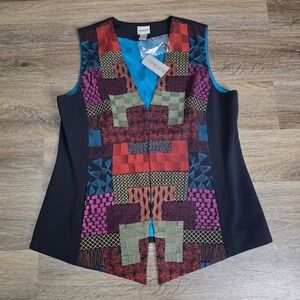 Chico's Womens 2 Jardena Vest Black Multi Embroidered Patchwork V-Neck NEW